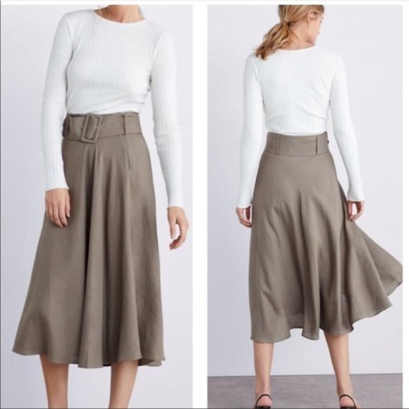 Zara Dresses & Skirts - NWT Zara Belted Midi Skirt Olive Green Sz S
